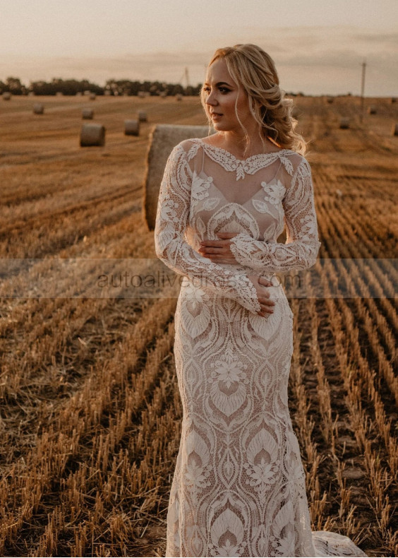 Long Sleeves Ivory Lace Bohemian Wedding Dress